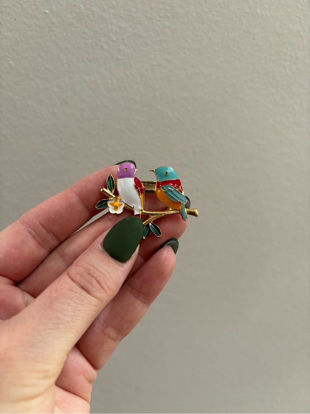 Vintage Inspired Gold Tone Love Birds Colorful Brooch